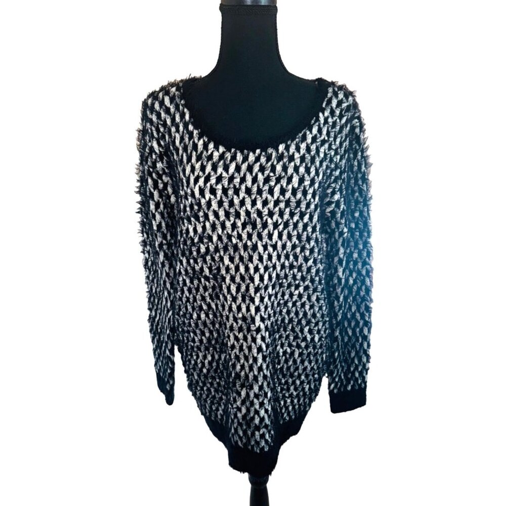 Mixumi Black White Herringbone Cozy Soft Eyelash Checkered Long Sweater Dress